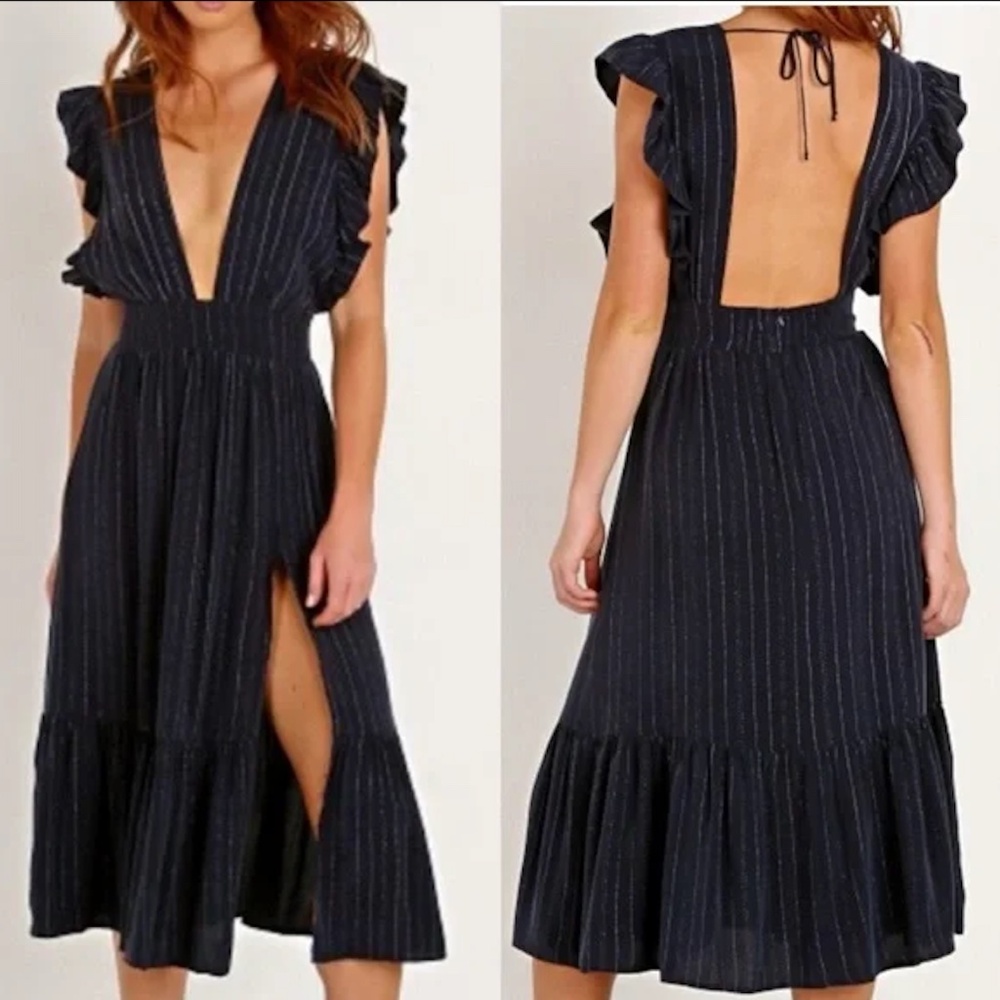 Stillwater The Jessie Midi Dress XS Navy W/ Silver Thin Stripes